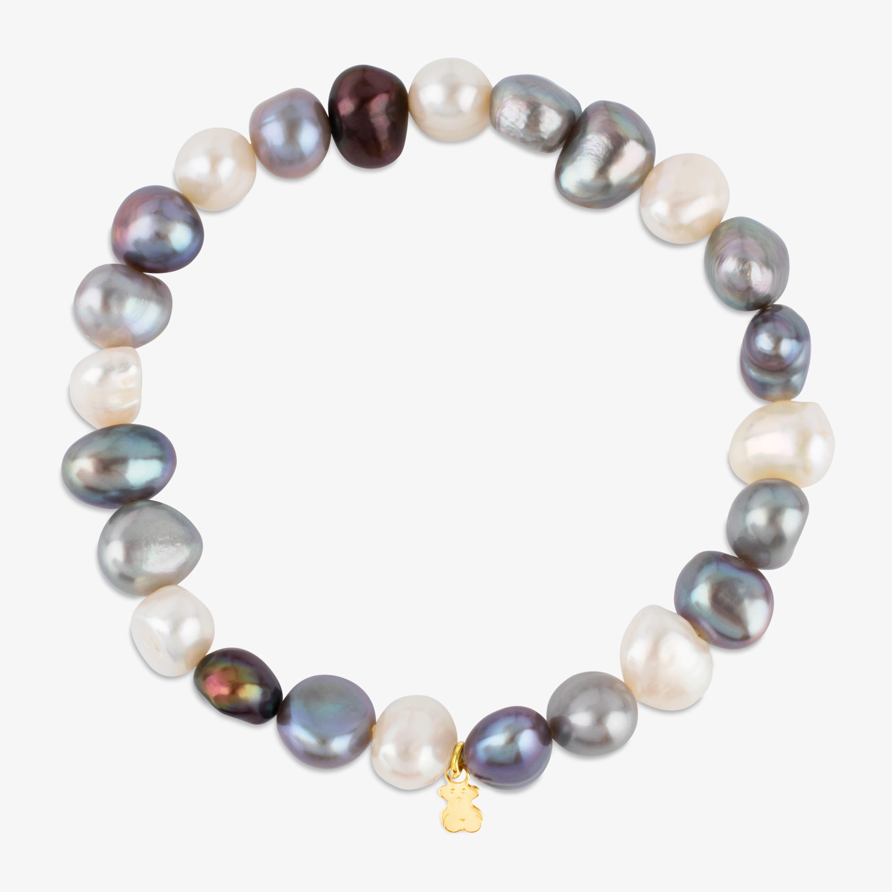  gold Sweet Dolls Bracelet with 18K white, grey and blue baroque pearls and Bear motif