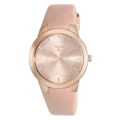 Reloj anal&oacute;gico B-face de acero IP rosado con correa de piel nude