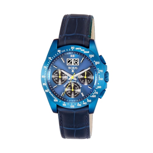 Reloj analógico Drive Crono de acero anodizado azul con correa de piel azul image number 0