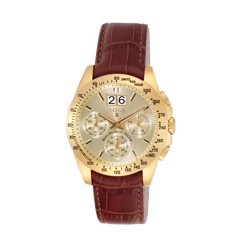 Gold IP Steel Drive Crono Watch with brown Leather strap image number 0