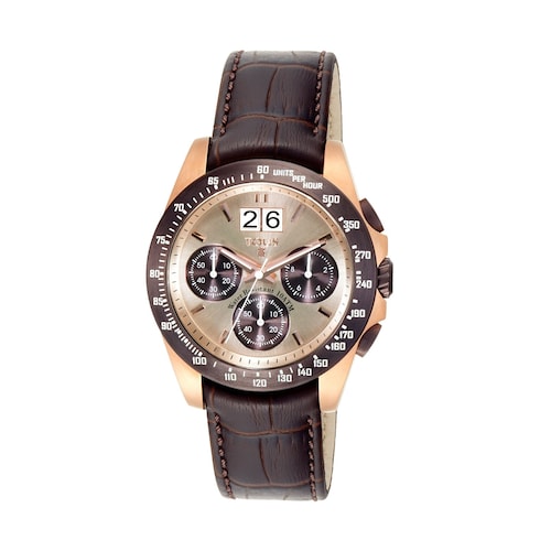 Two-tone pink/chocolate IP Steel Drive Crono Watch with brown Leather strap image number 0