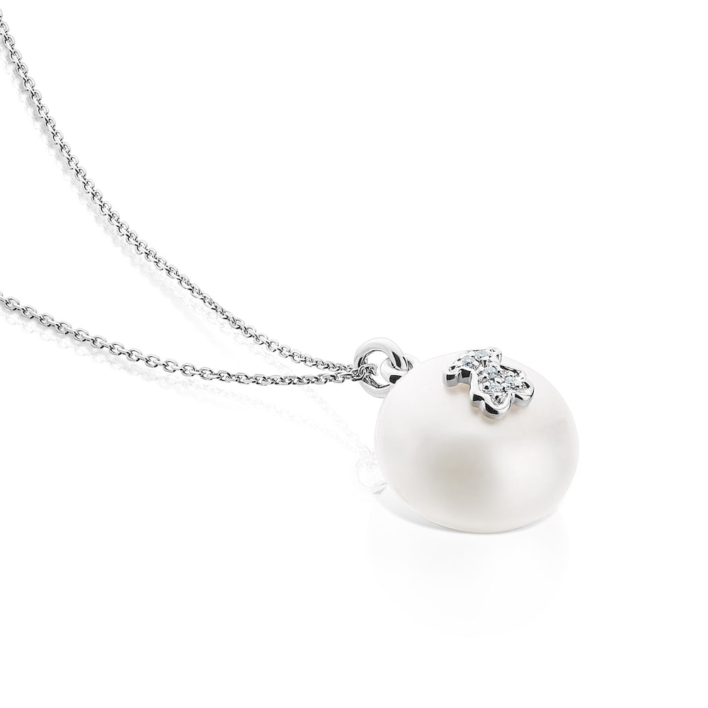 18K White Gold TOUS Puppies Necklace with diamonds and pearls