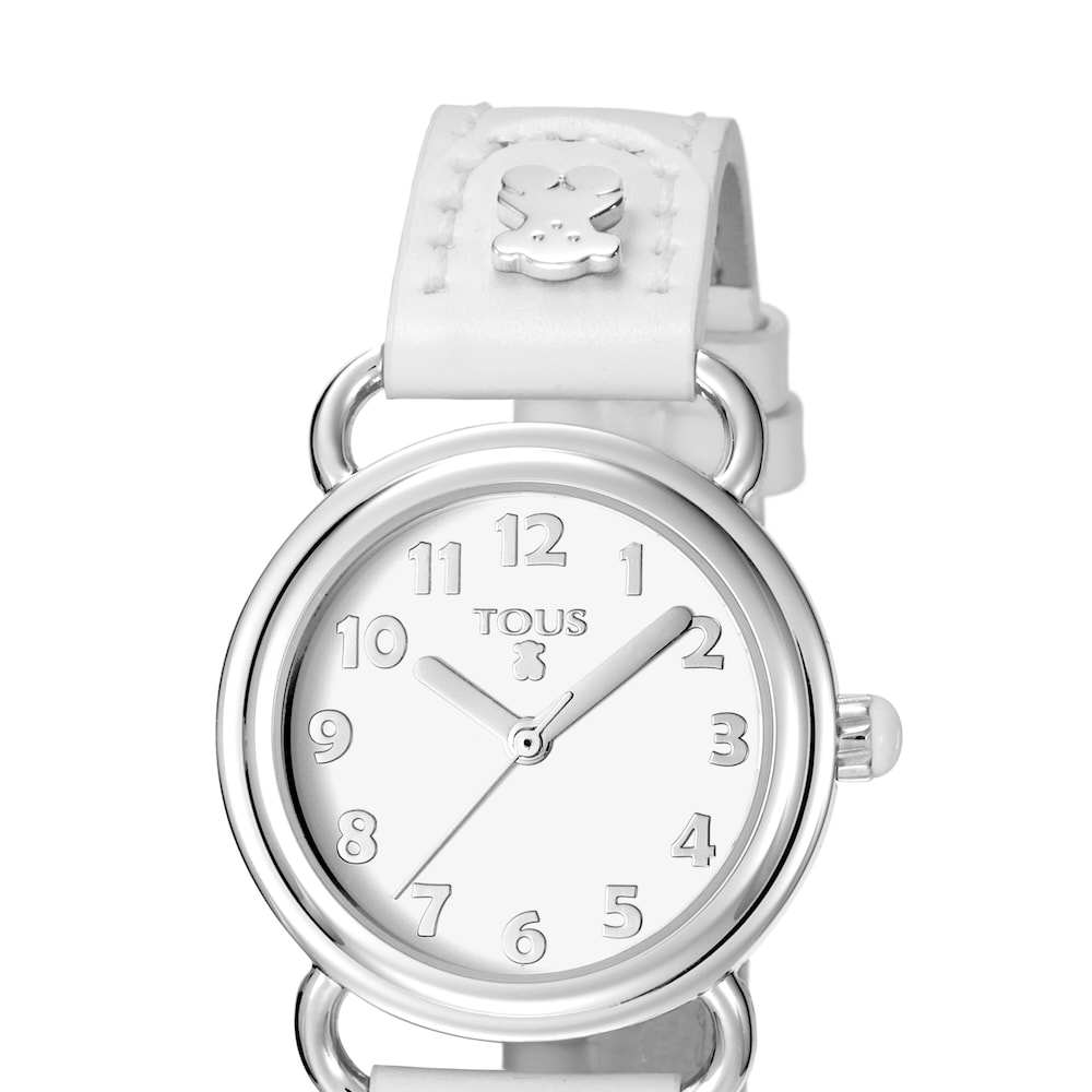 Reloj anal&oacute;gico Baby Bear de acero con correa de piel blanca