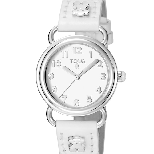 Montre Baby Bear en Acier avec bracelet en Cuir blanc
