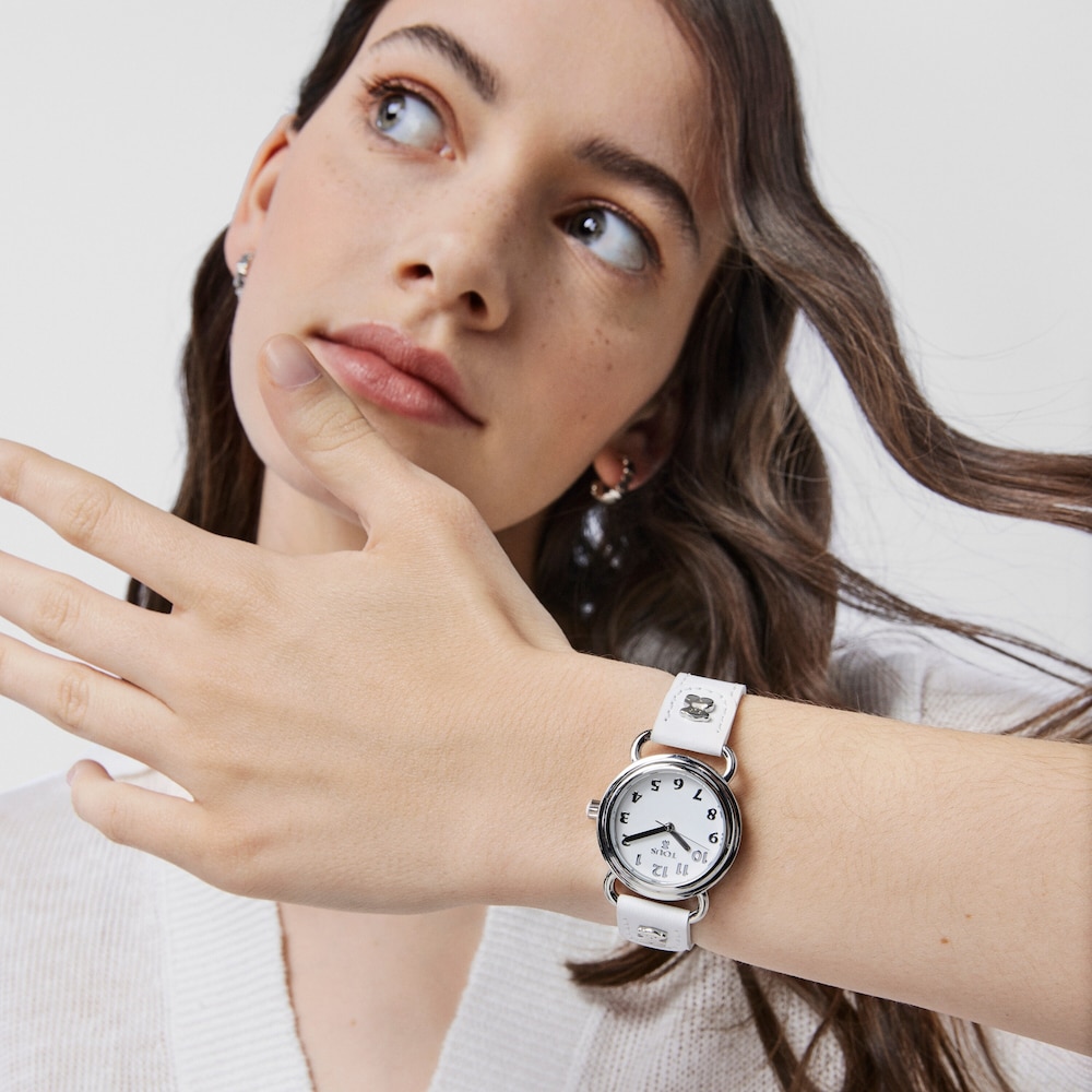 Reloj anal&oacute;gico Baby Bear de acero con correa de piel blanca