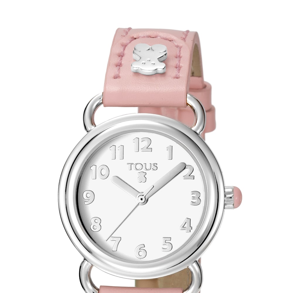 Rel&oacute;gio Baby Bear em A&ccedil;o com correia de Pele rosa