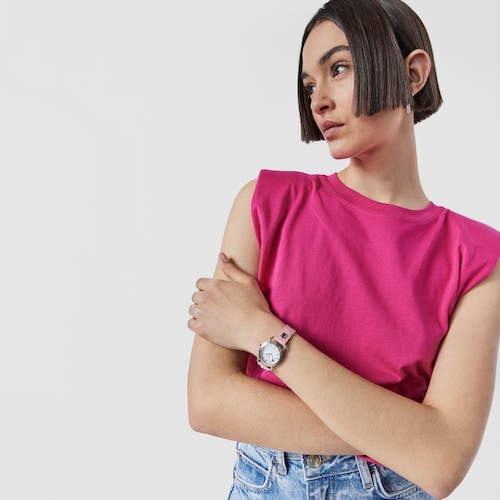 Rellotge anal&ograve;gic Baby Bear d'acer amb corretja de pell rosa