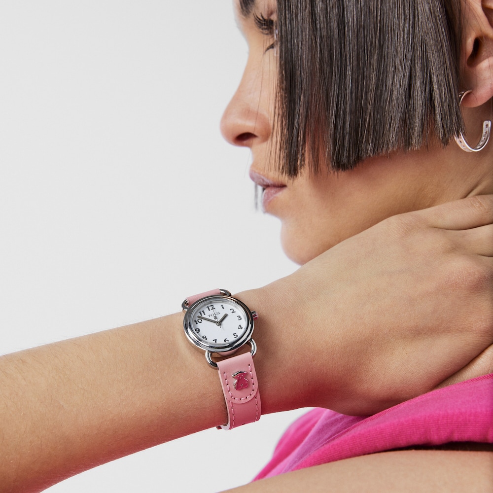 Rel&oacute;gio Baby Bear em A&ccedil;o com correia de Pele rosa