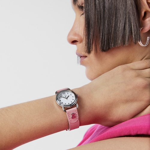 Rellotge anal&ograve;gic Baby Bear d'acer amb corretja de pell rosa