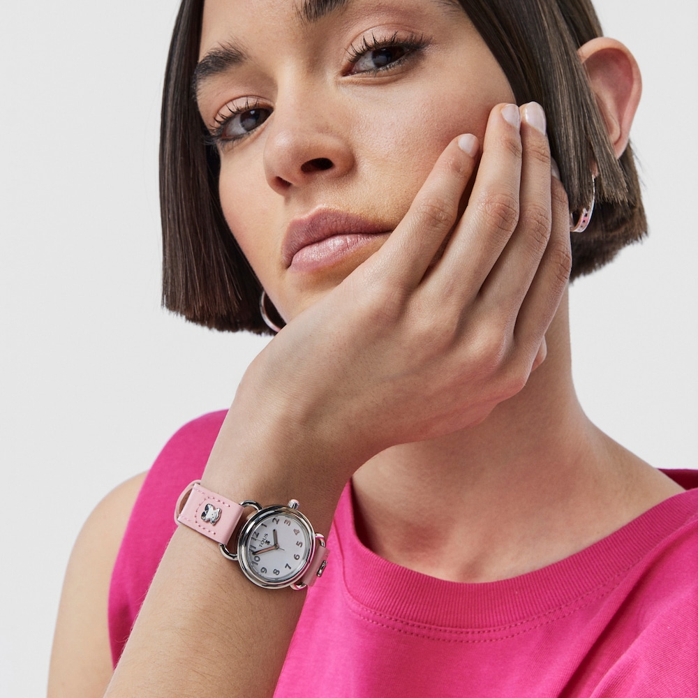 Rel&oacute;gio Baby Bear em A&ccedil;o com correia de Pele rosa