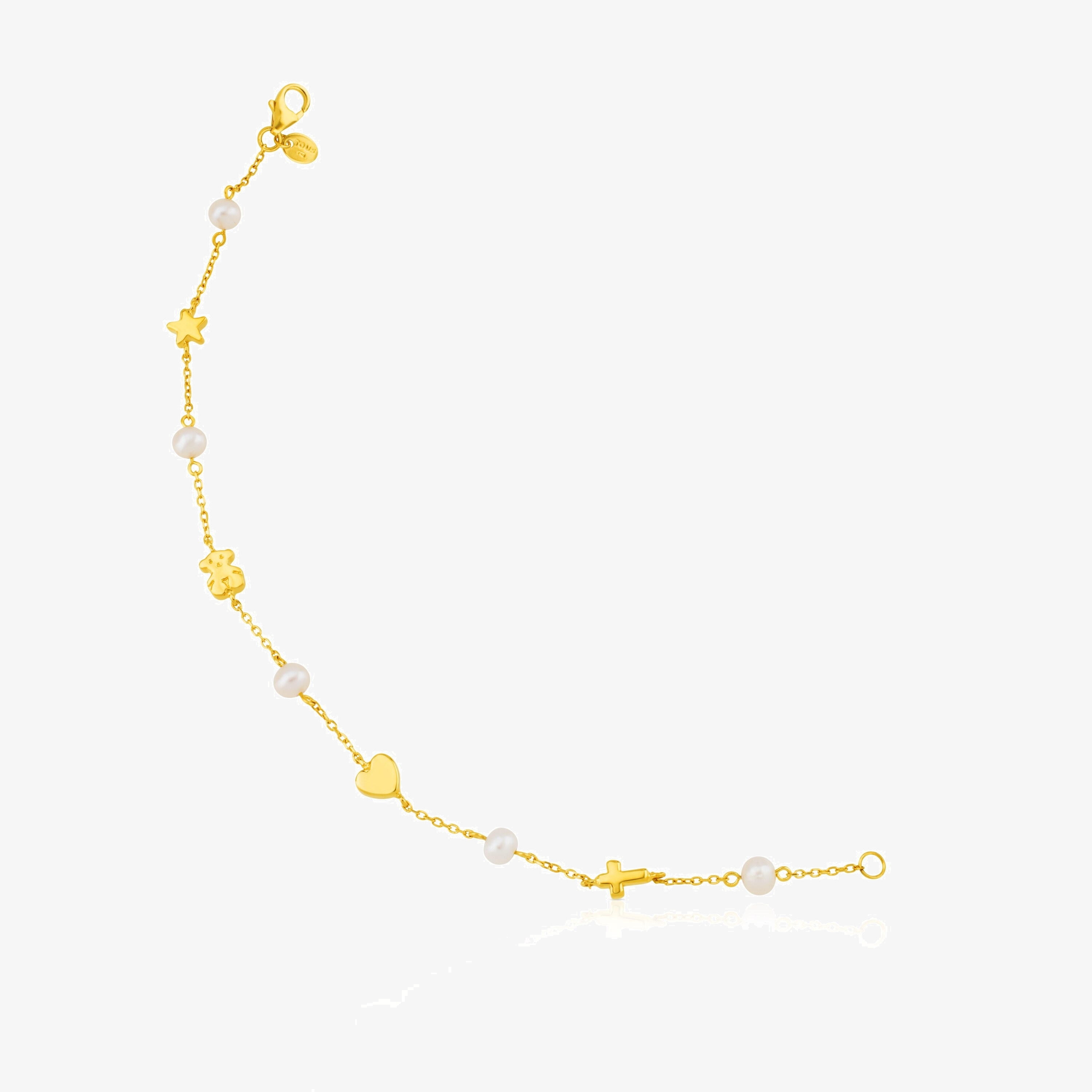 18K solid gold Sweet Dolls XXS Bracelet with pearls and Bear, Star, Heart and Cross motifs..