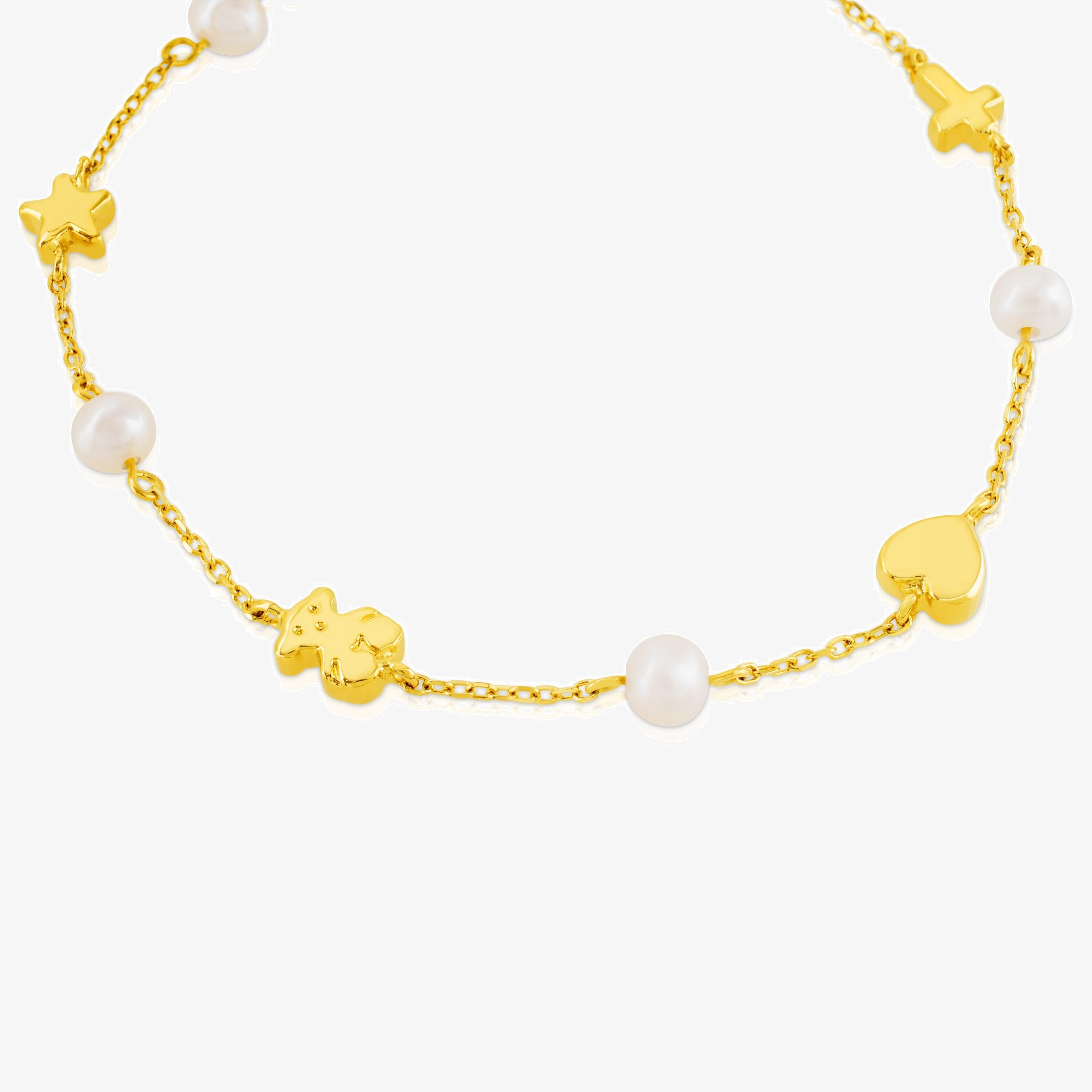 18K solid gold Sweet Dolls XXS Bracelet with pearls and Bear, Star, Heart and Cross motifs..