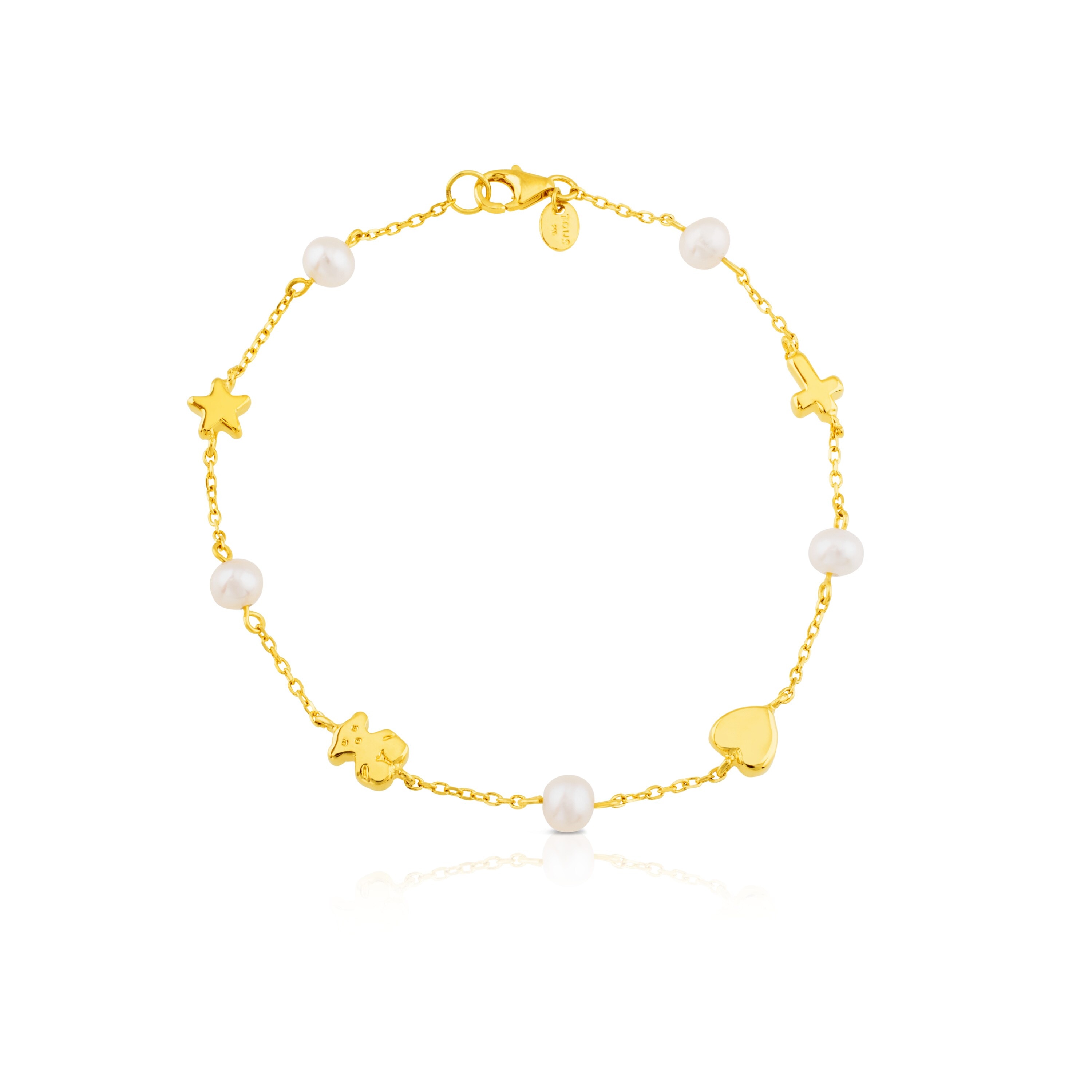 18K solid gold Sweet Dolls XXS Bracelet with pearls and Bear, Star, Heart and Cross motifs..