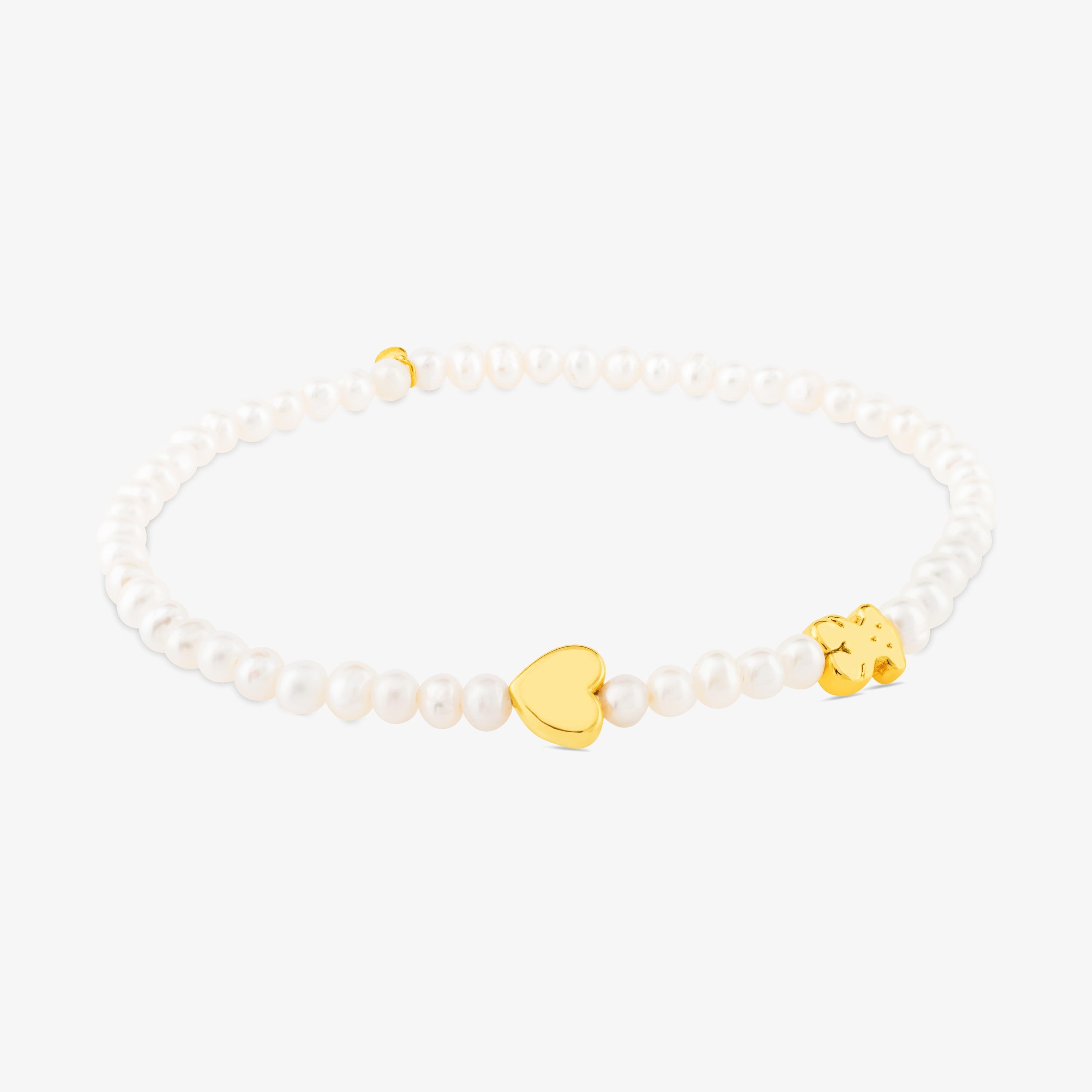 18K solid gold Sweet Dolls XXS Bracelet with Pearls. Bear and Heart motifs.