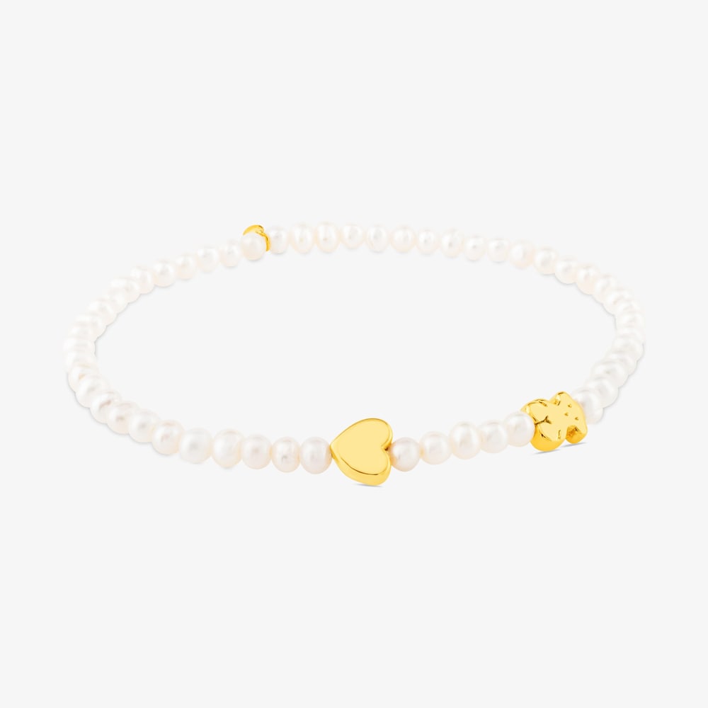 18K solid gold Sweet Dolls XXS Bracelet with Pearls. Bear and Heart motifs.