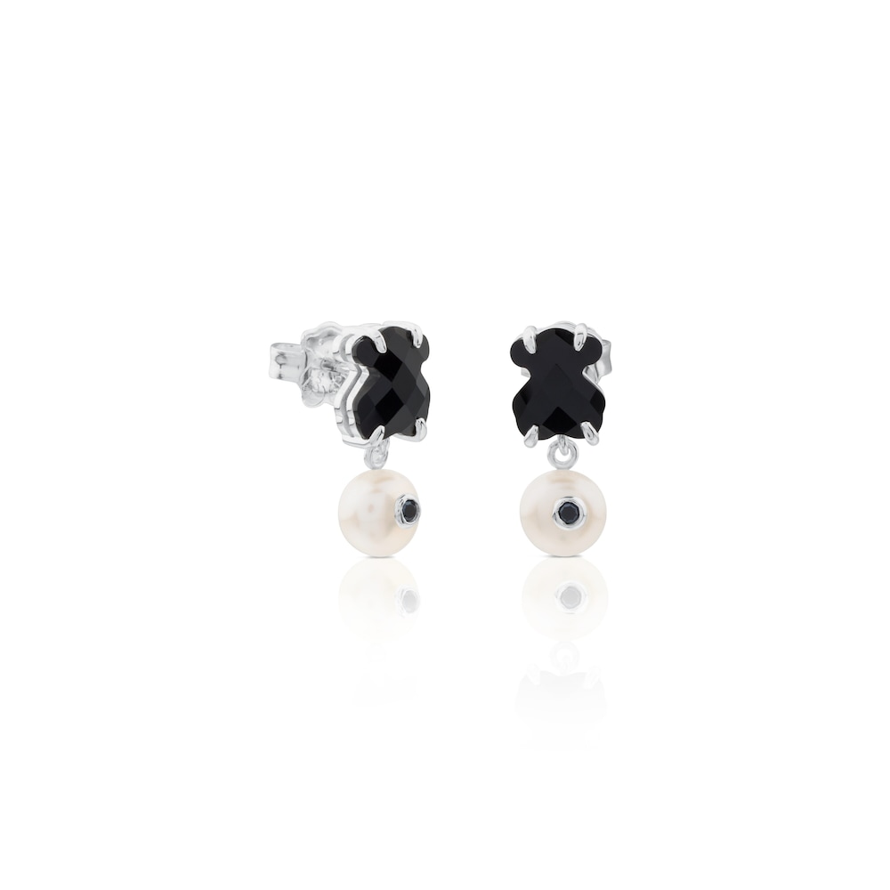 Silver Erma Earrings with Onyx, Pearl and Spinel