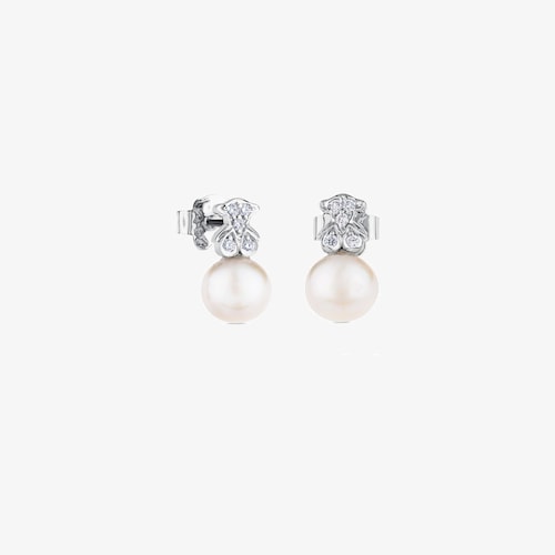 Pendientes bot&oacute;n de oro blanco, perlas cultivadas y diamantes Puppies