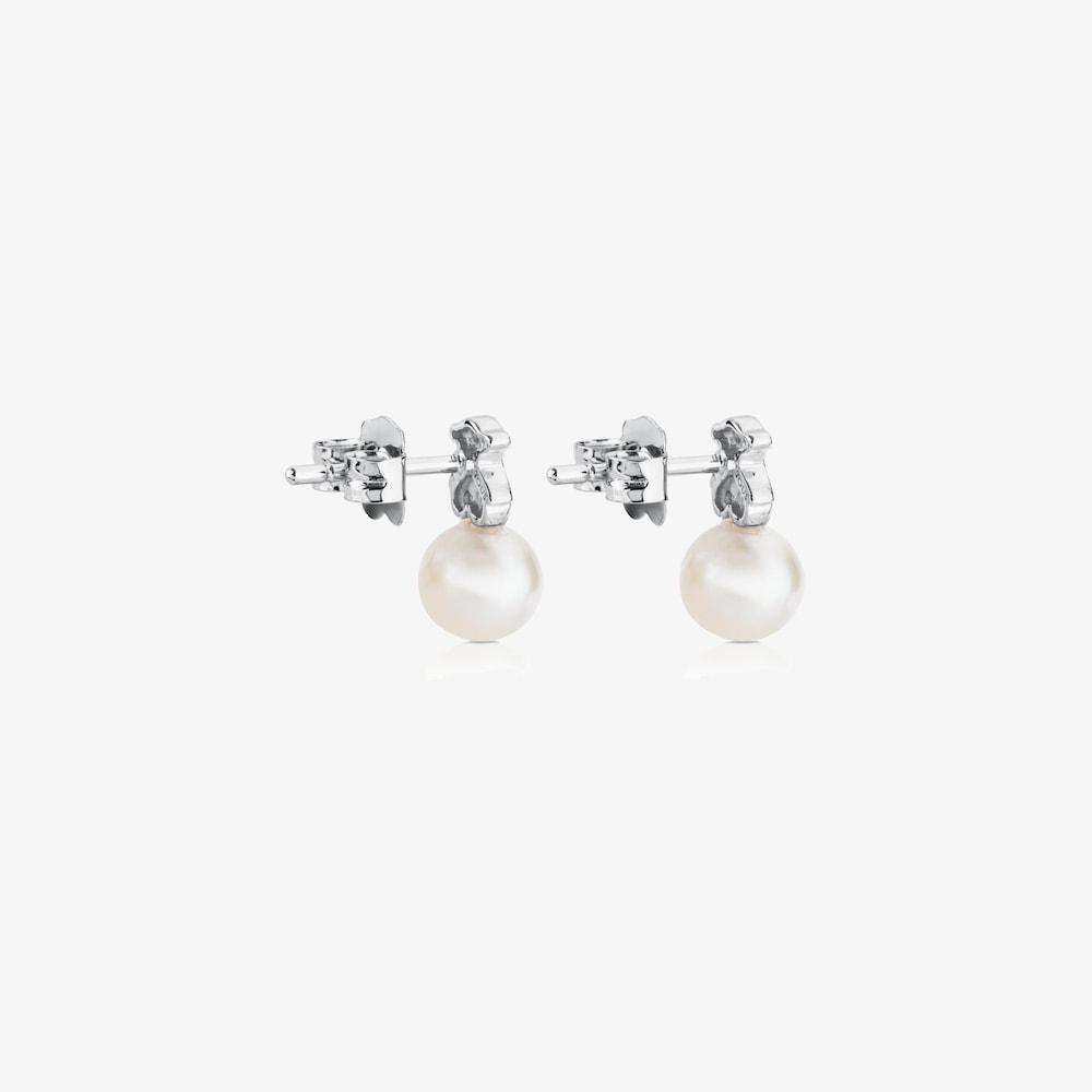 Pendientes bot&oacute;n de oro blanco, perlas cultivadas y diamantes Puppies