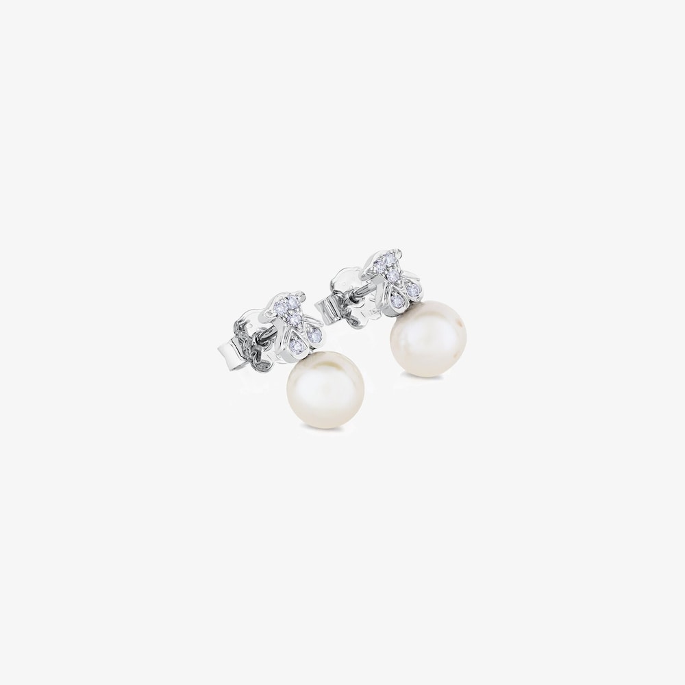 Pendientes bot&oacute;n de oro blanco, perlas cultivadas y diamantes Puppies
