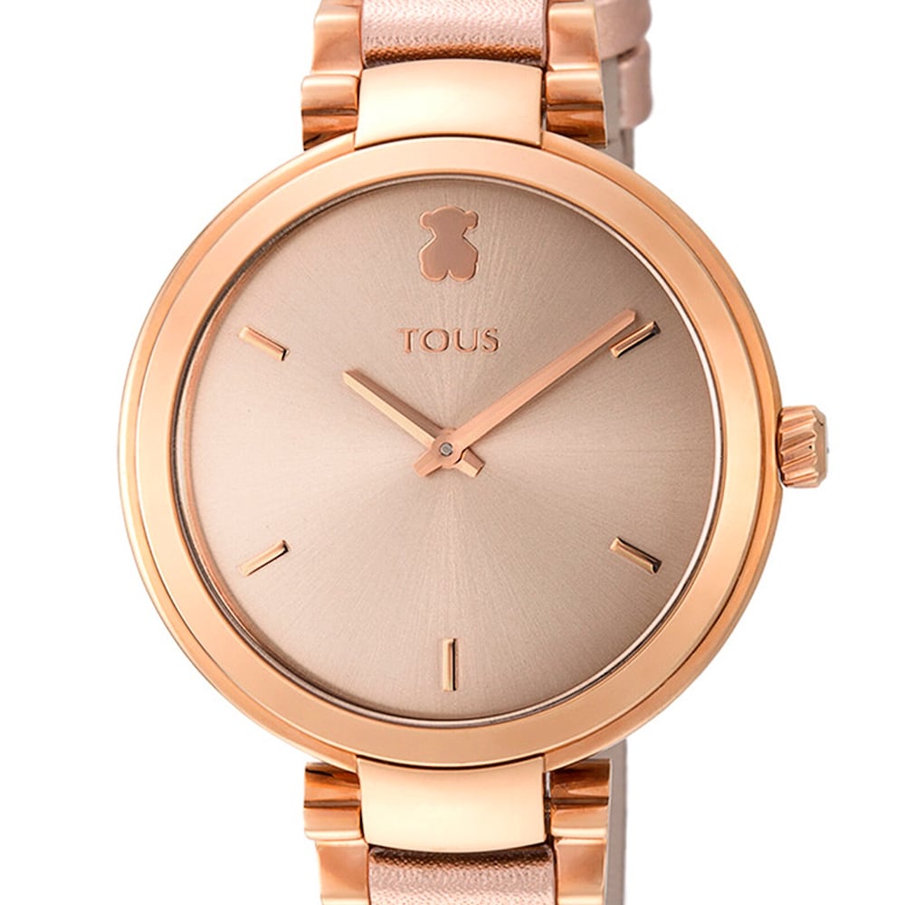Reloj anal&oacute;gico Julie de acero IP rosado con correa de piel nude