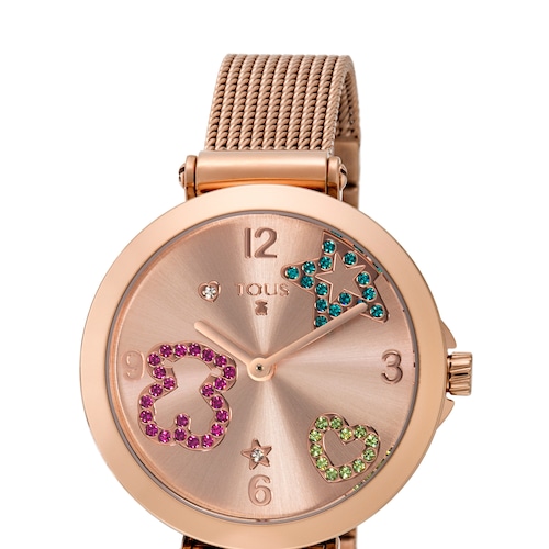 Reloj analógico Icon Mesh de acero IP rosado con cristales de colores image number 0