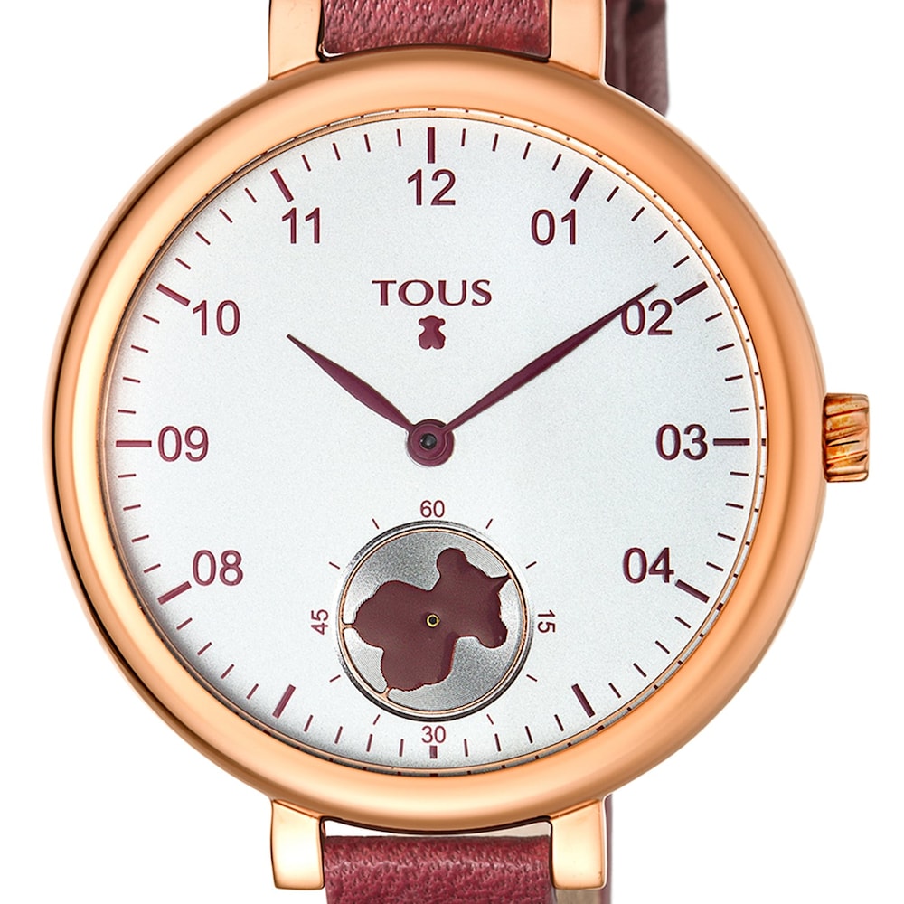 Pink IP Steel Spin Watch with burgundy Leather strap