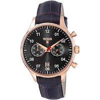 Reloj analógico 1920 de acero IP rosado con correa de piel negra