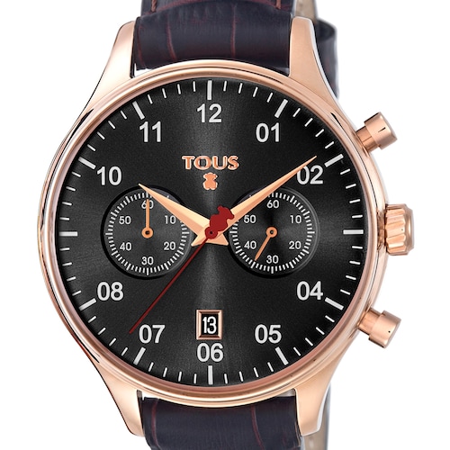 Pink IP Steel 1920 Watch with black Leather strap