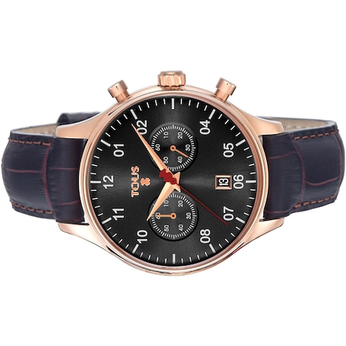Pink IP Steel 1920 Watch with black Leather strap