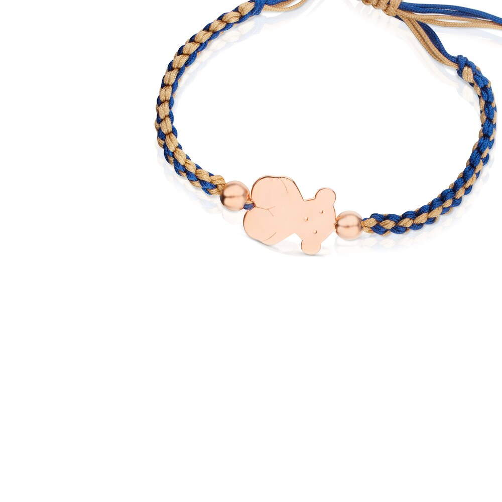 Pulsera TOUS Bear con baño de oro rosa 18 kt sobre plata y cordón beige-azul image number 2