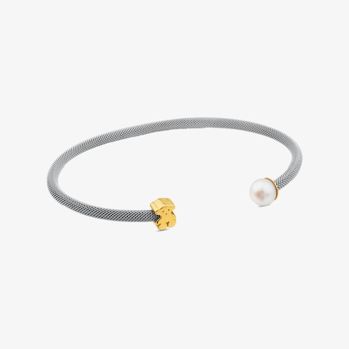 Pulsera de acero y oro con perla cultivada motivo oso 13cm. Icon Mesh