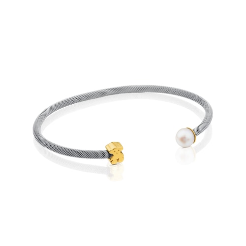 Steel and Gold TOUS Icon Mesh Bracelet with Pearl and 0,6cm Bear motif