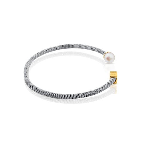 Steel and Gold TOUS Icon Mesh Bracelet with Pearl and 0,6cm Bear motif