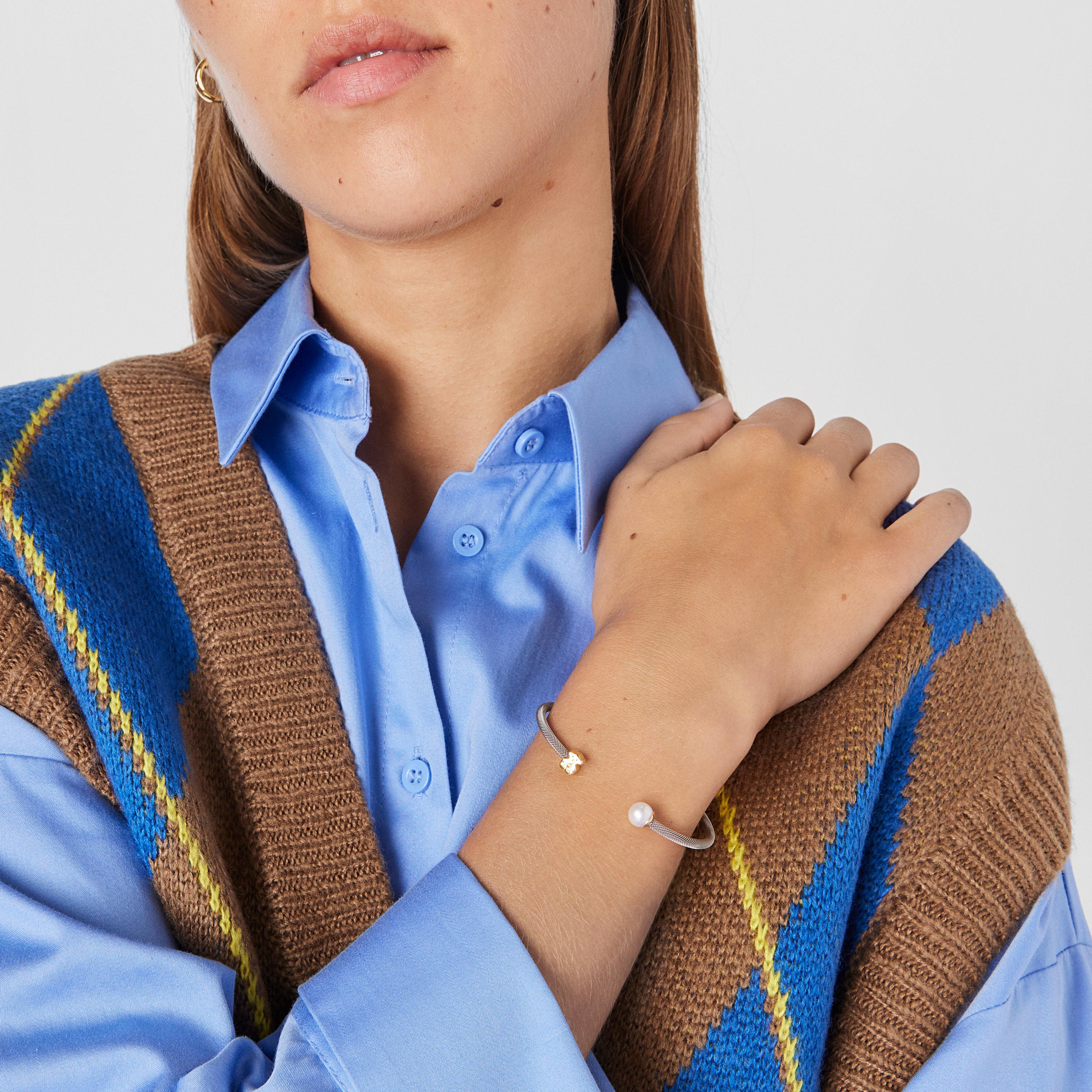 Steel and Gold TOUS Icon Mesh Bracelet with Pearl 0,6cm Bear motif