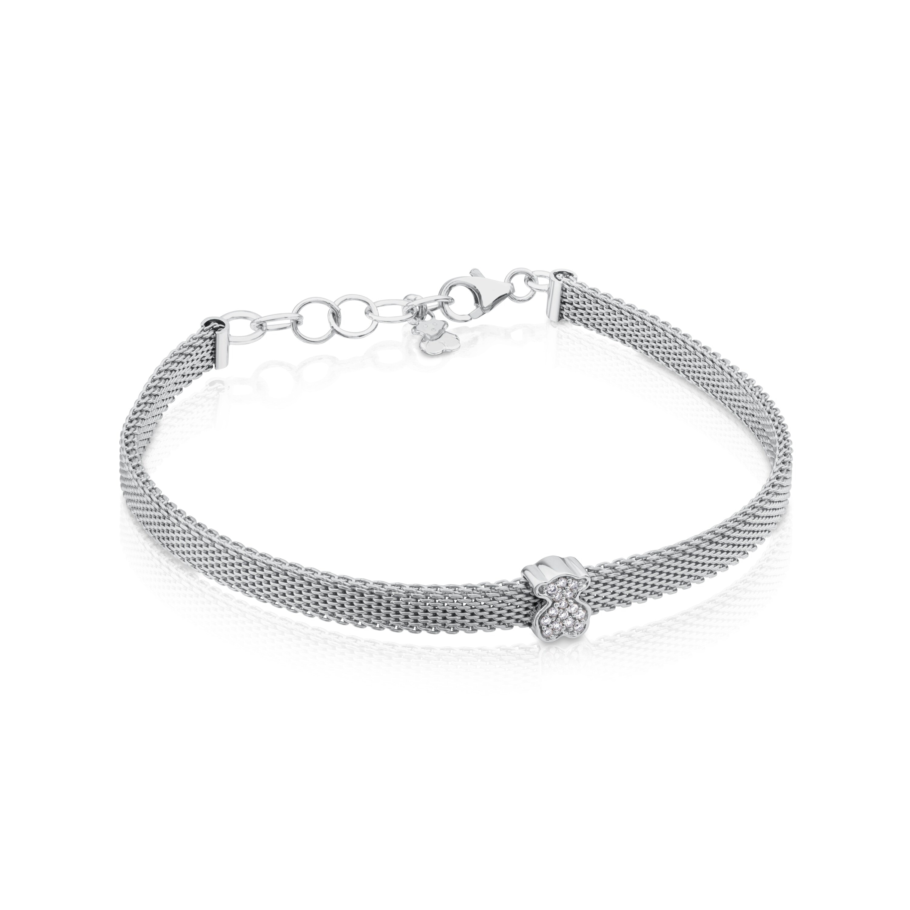 Steel and 18K White Gold TOUS Icon Mesh Bracelet with Diamonds Bera motif 0,6cm.