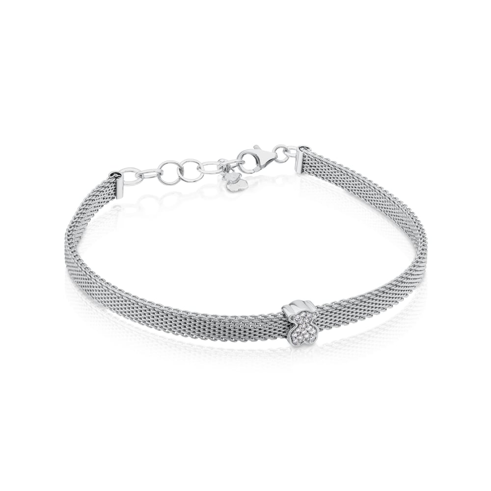 Steel and White Gold TOUS Icon Mesh Bracelet with Diamonds Bera motif 0,6cm
