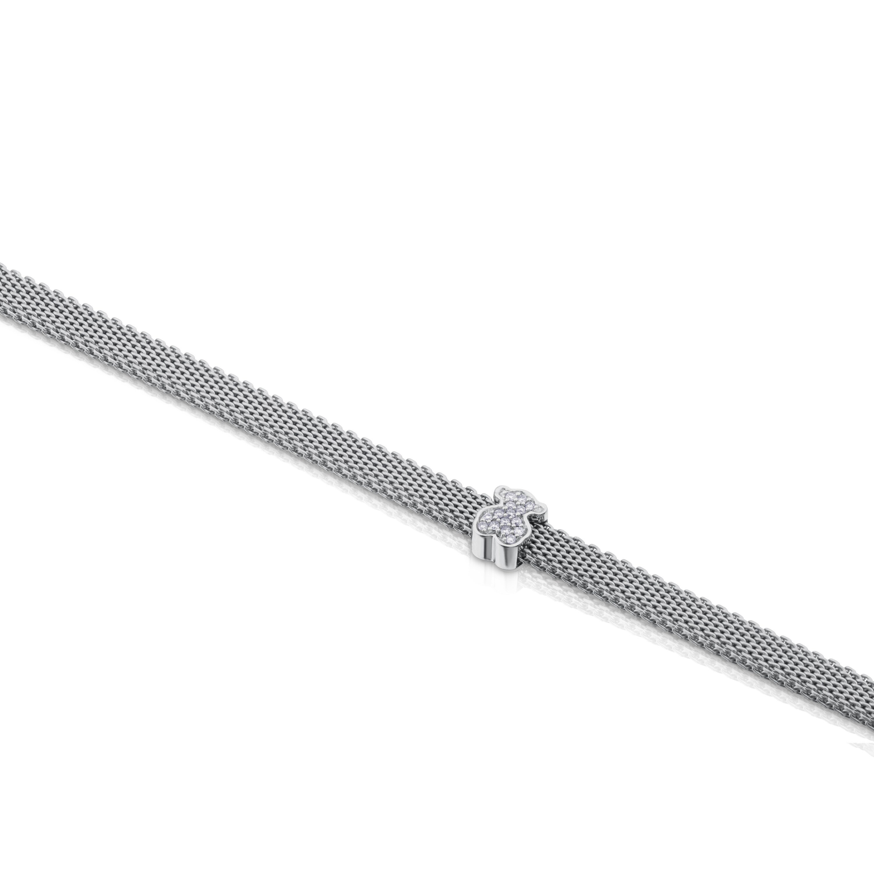 Steel and 18K White Gold TOUS Icon Mesh Bracelet with Diamonds Bera motif 0,6cm.