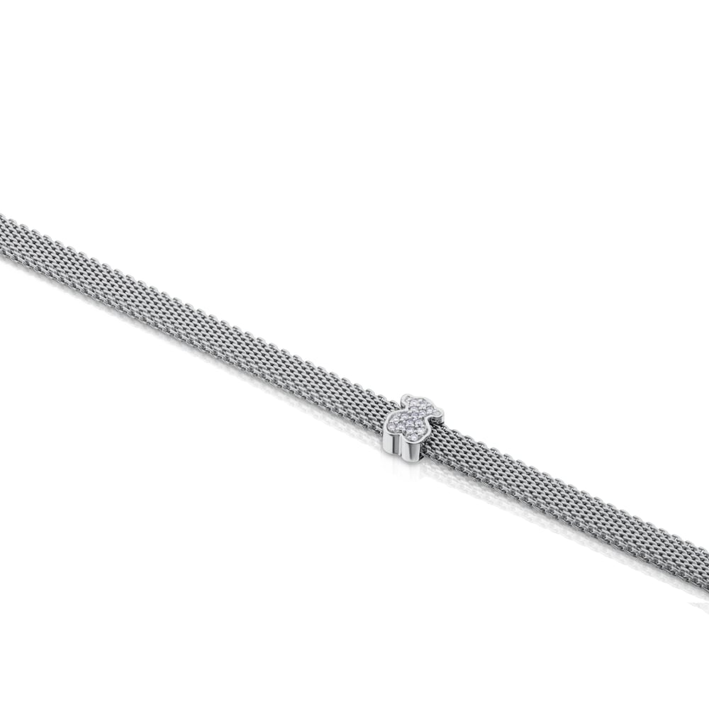 Steel and White Gold TOUS Icon Mesh Bracelet with Diamonds Bera motif 0,6cm