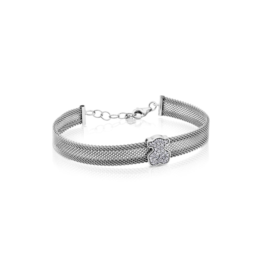Pulsera de acero y oro blanco con diamantes motivo oso 0,8cm 0,20ct Icon Mesh image number 0