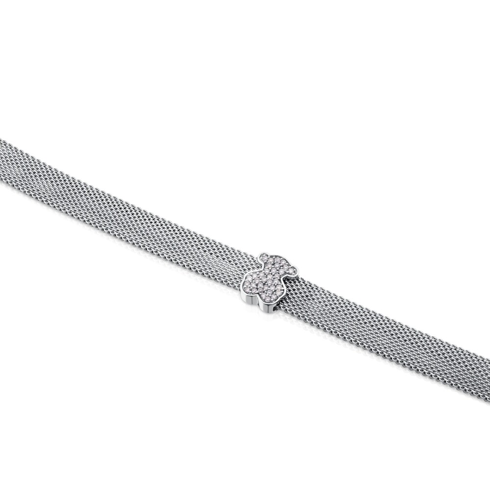 Pulsera de acero y oro blanco con diamantes motivo oso 0,8cm 0,20ct Icon Mesh image number 1