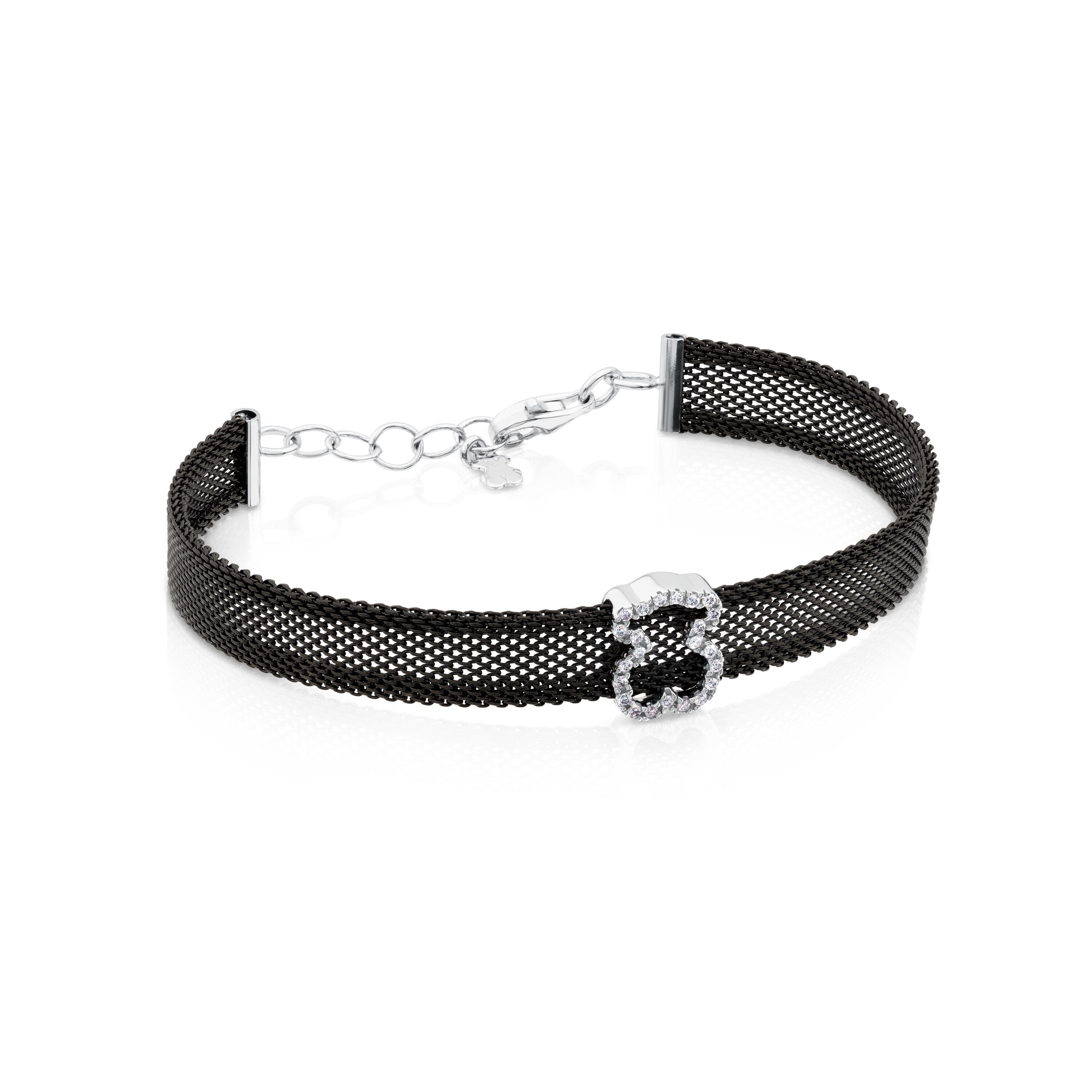 Black IP steel and 18K White gold TOUS Icon Mesh Bracelet with Diamonds Bear motif 0,8cm. 0,14ct