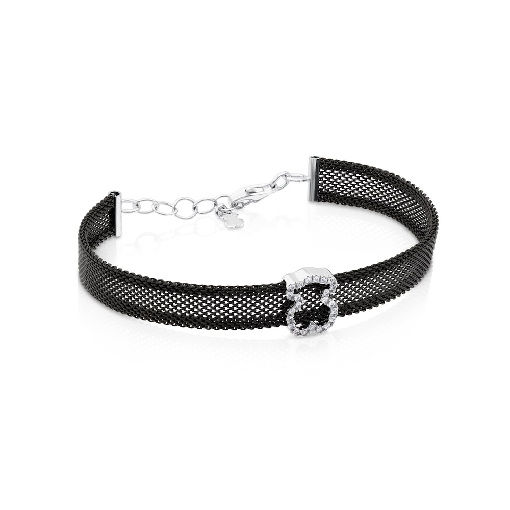 Black IP steel and White gold TOUS Icon Mesh Bracelet with Diamonds Bear motif 0,8cm 0,14ct