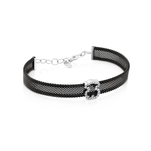 Pulsera de acero IP negro y oro blanco con diamantes motivo oso 0,8cm. 0,14ct Icon Mesh image number 0