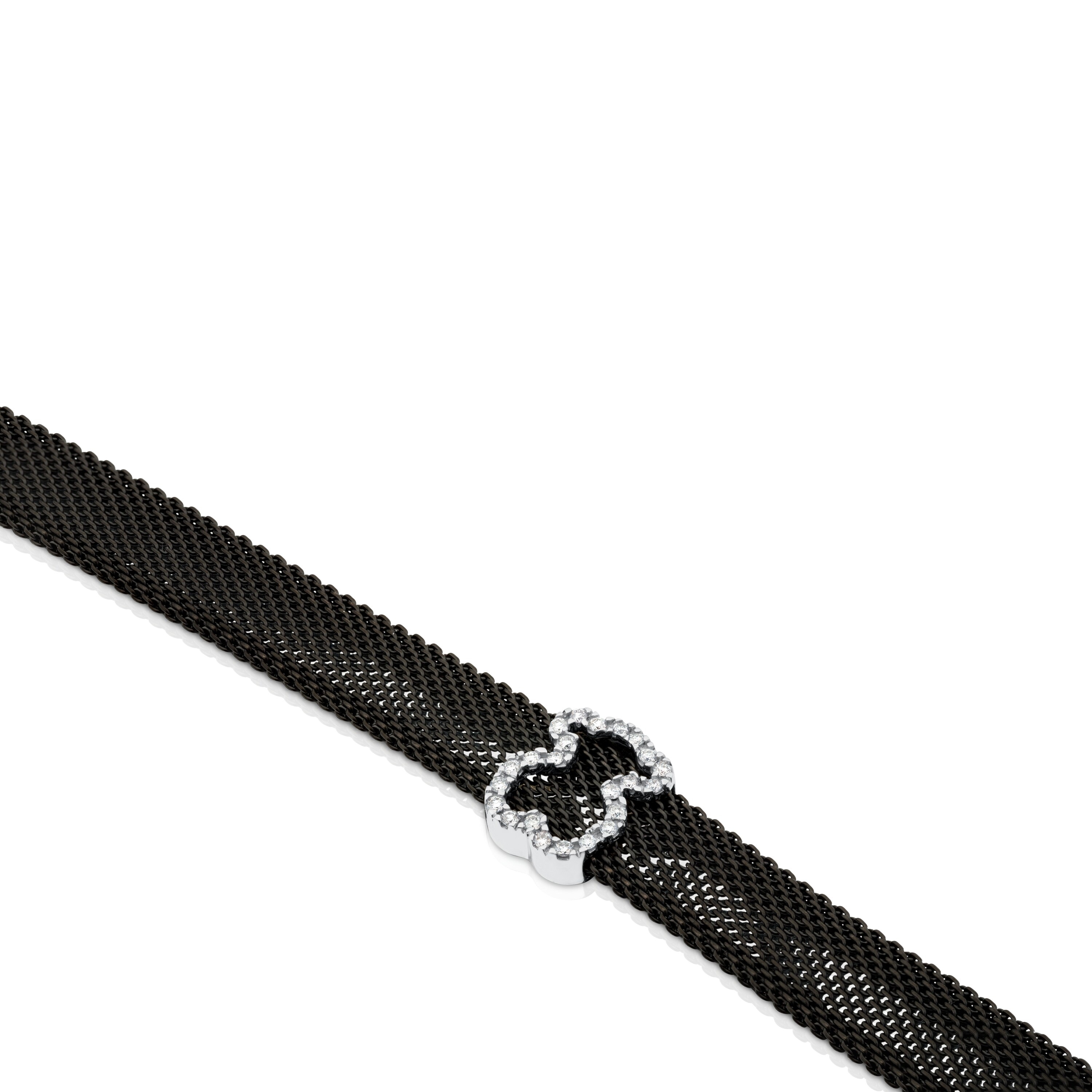 Black IP steel and 18K White gold TOUS Icon Mesh Bracelet with Diamonds Bear motif 0,8cm. 0,14ct