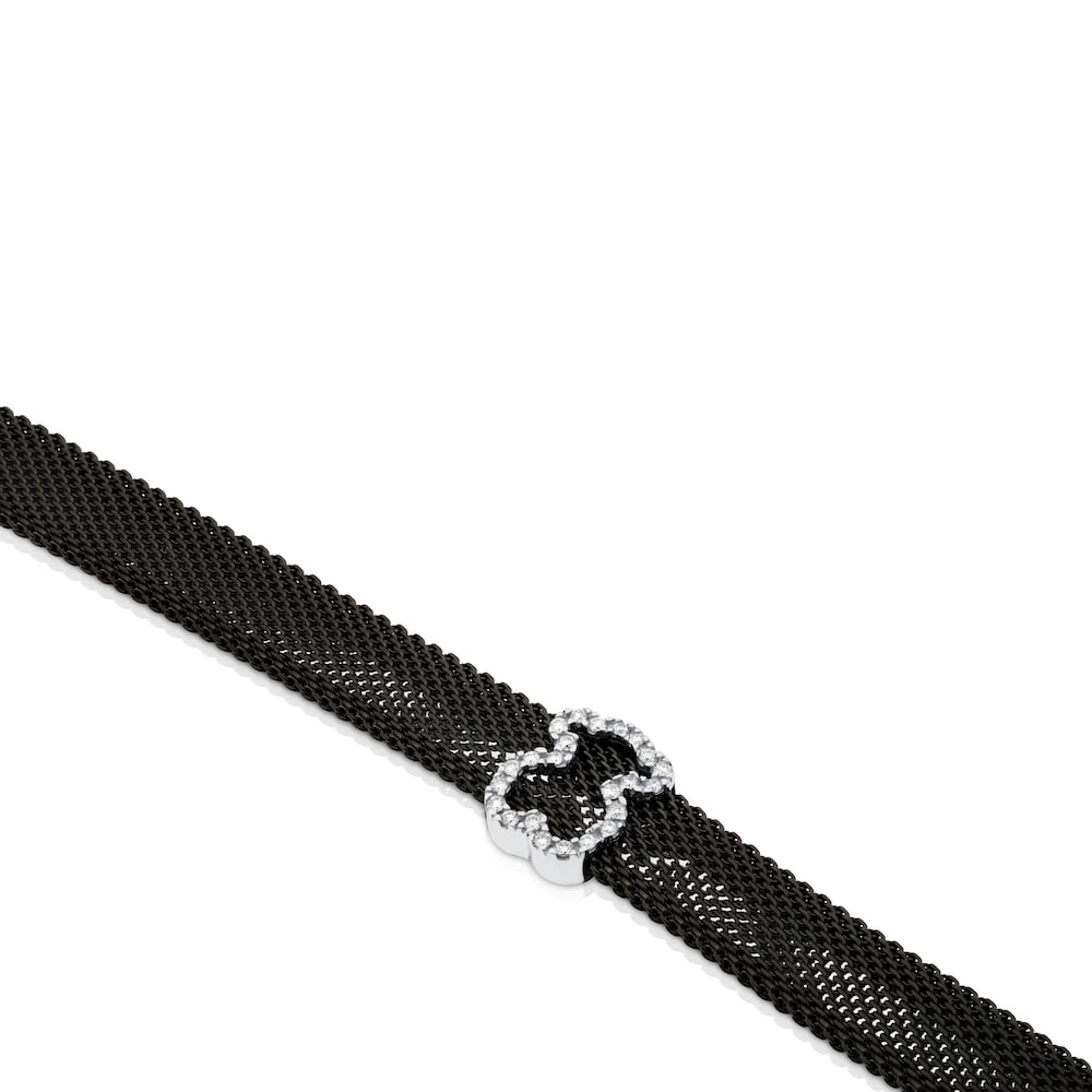 Black IP steel and White gold TOUS Icon Mesh Bracelet with Diamonds Bear motif 0,8cm 0,14ct