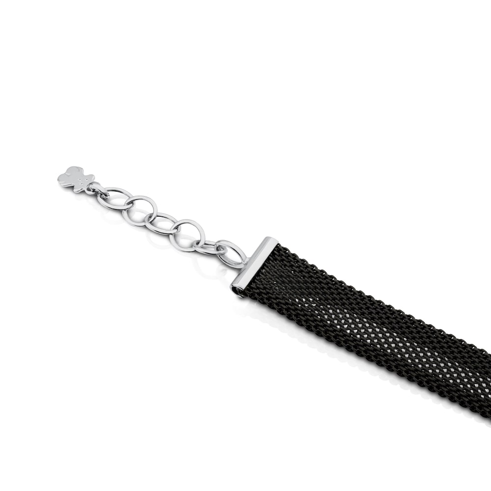 Black IP steel and White gold TOUS Icon Mesh Bracelet with Diamonds Bear motif 0,8cm 0,14ct