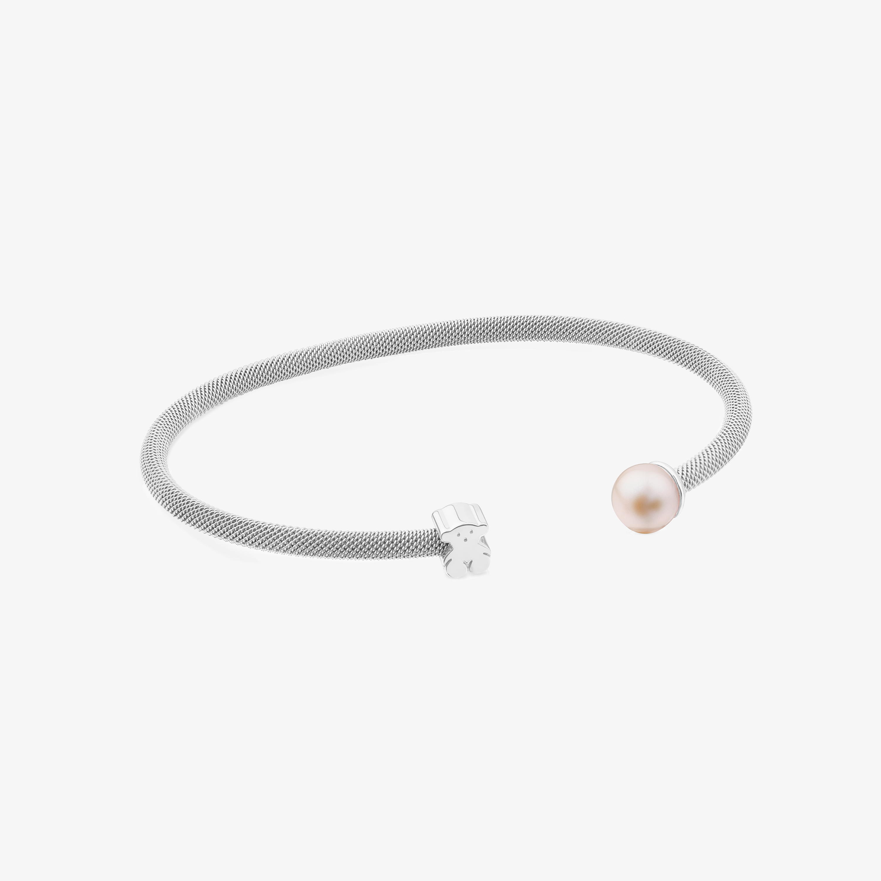 Silver TOUS Mesh Bracelet with 0,7cm. pearl