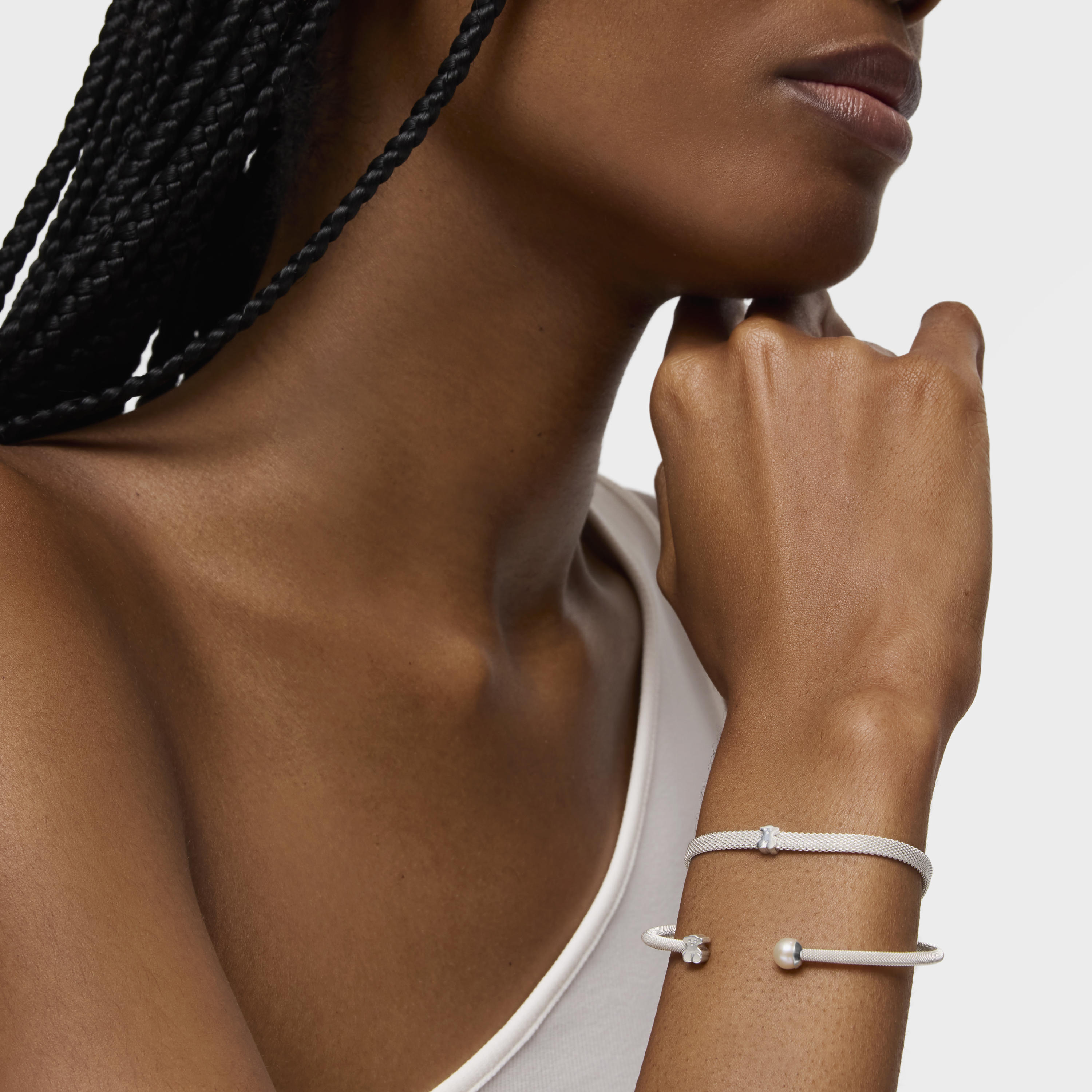 Silver TOUS Mesh Bracelet with 0,7cm. pearl