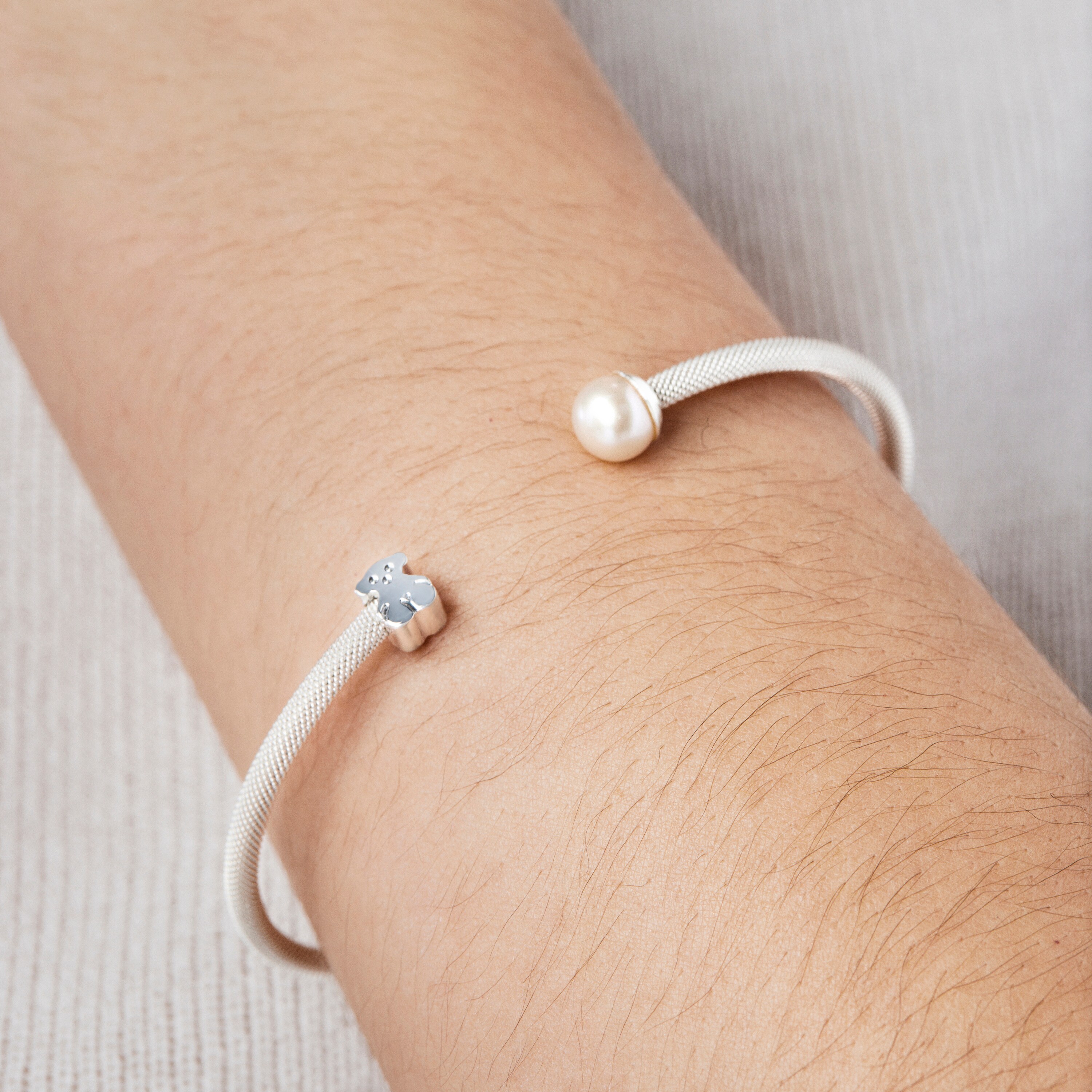 Silver TOUS Mesh Bracelet with 0,7cm. pearl