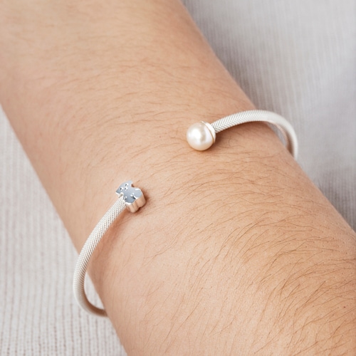 Silver TOUS Mesh Bracelet with 0,7cm pearl